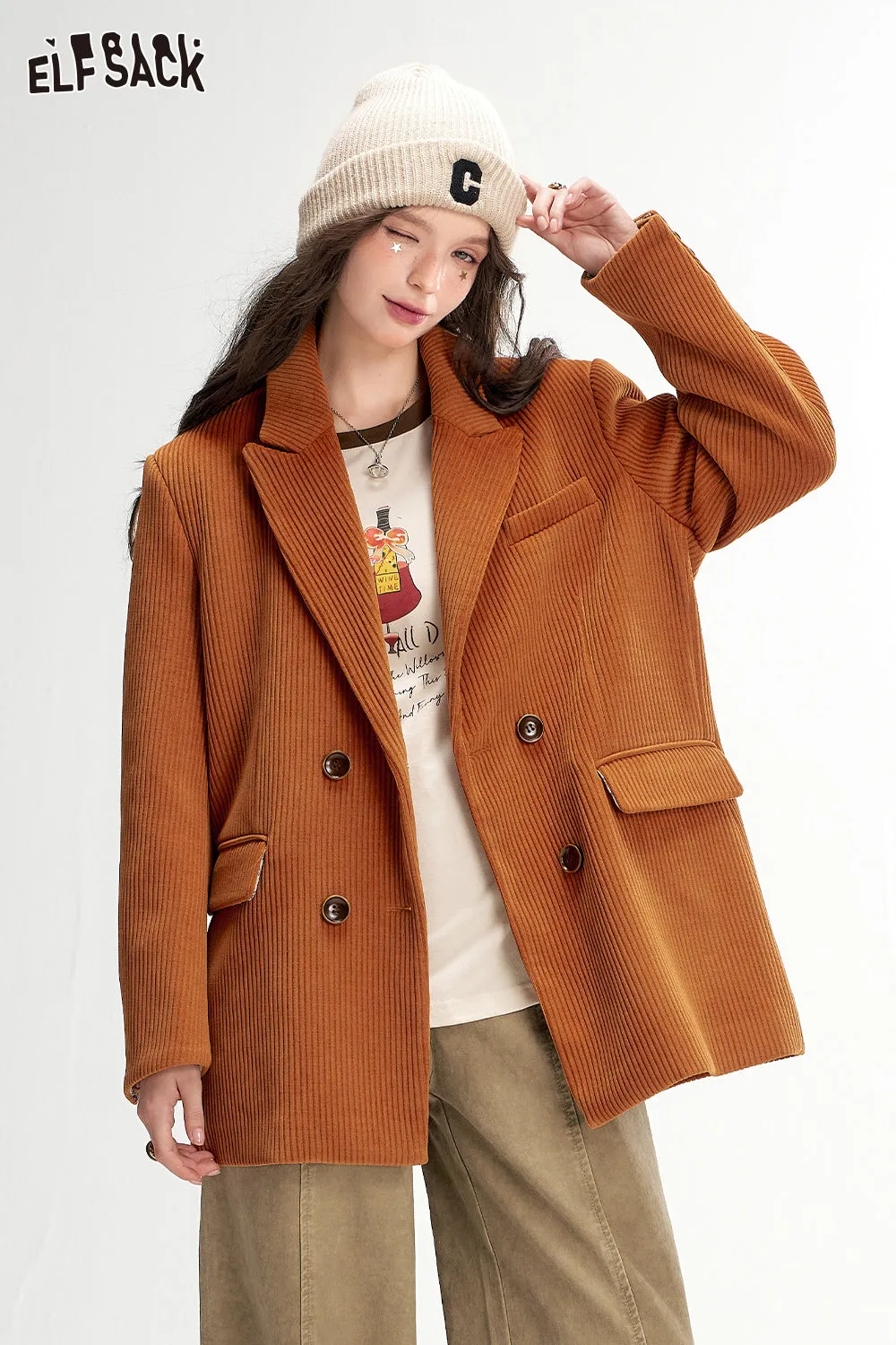 ELFSACK 2024 Autumn New Arrivals Textured Retro Blazer for Women Melange Elegant Outerwear