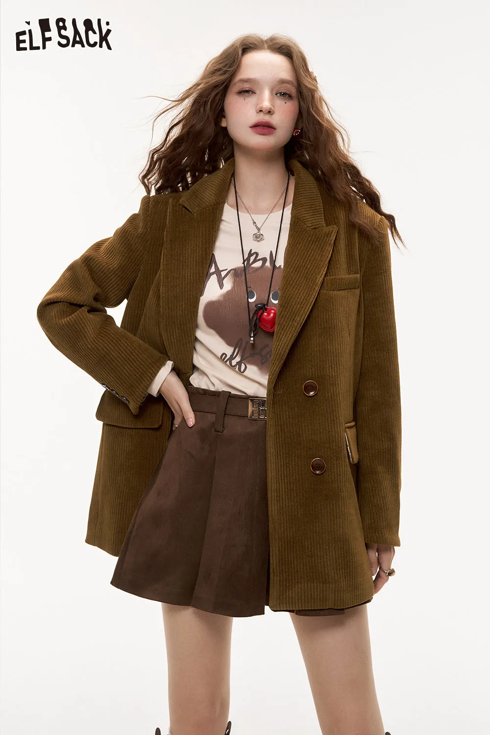 ELFSACK 2024 Autumn New Arrivals Textured Retro Blazer for Women Melange Elegant Outerwear