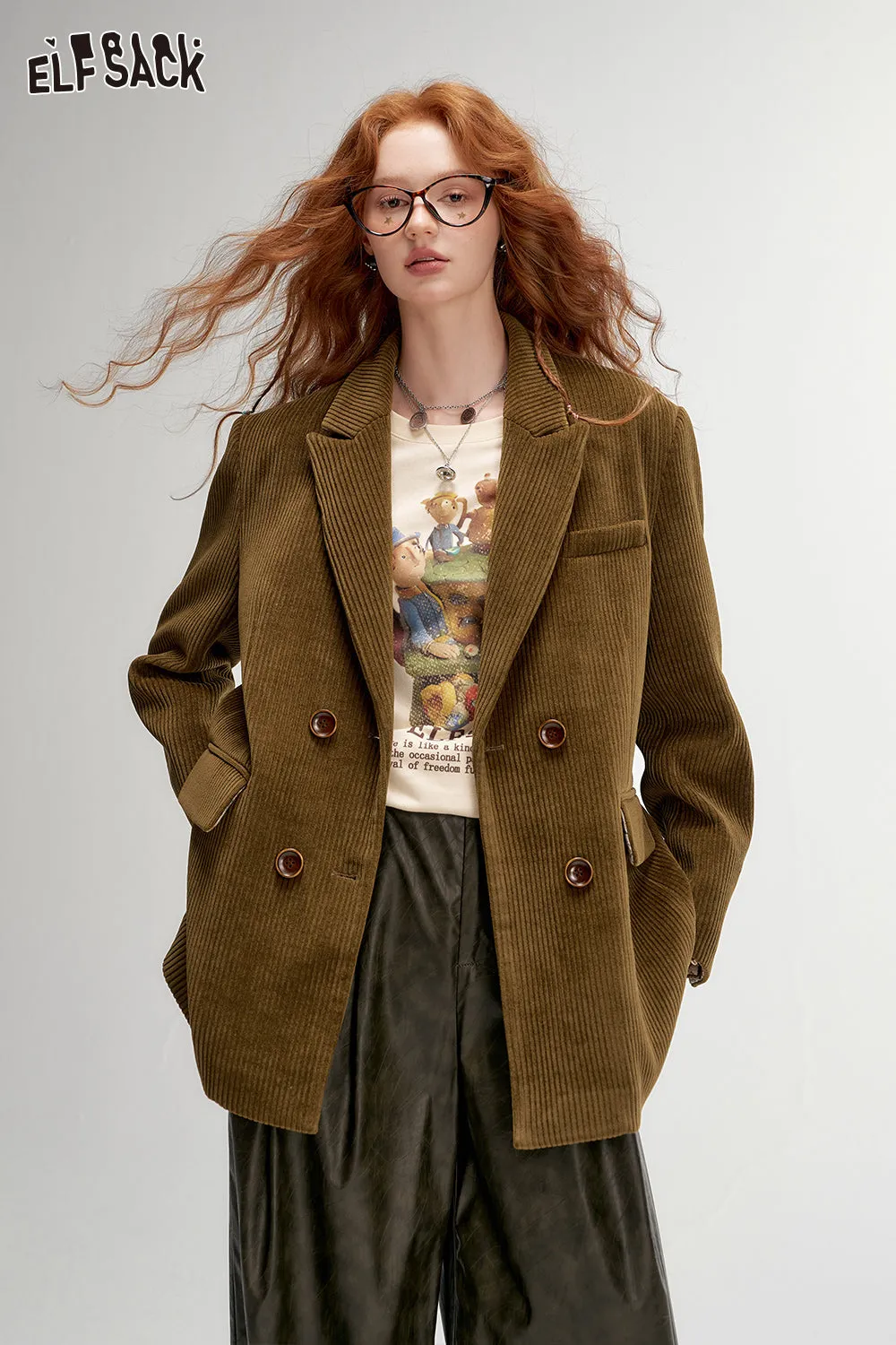 ELFSACK 2024 Autumn New Arrivals Textured Retro Blazer for Women Melange Elegant Outerwear
