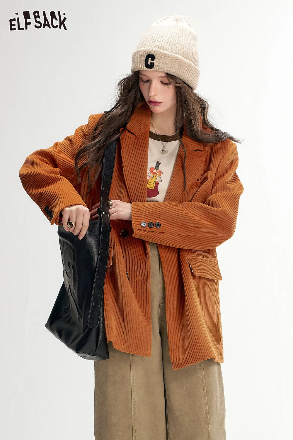 ELFSACK 2024 Autumn New Arrivals Textured Retro Blazer for Women Melange Elegant Outerwear