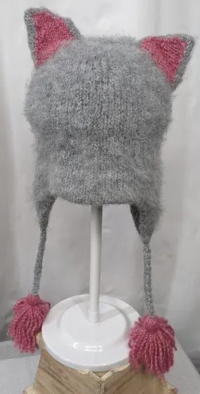 Gray and Pink Kitten Knit Winter Ski Snowboard novelty rare hat unique gift