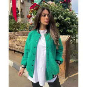 Green faux wool bomber jacket