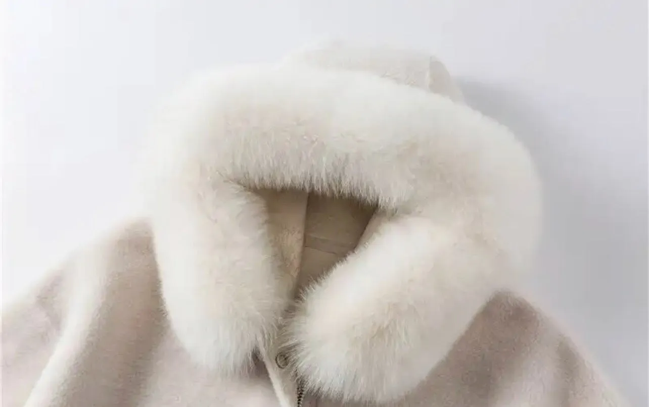 Hooded Shearling and Fox Fur Coat with Cinched Waist