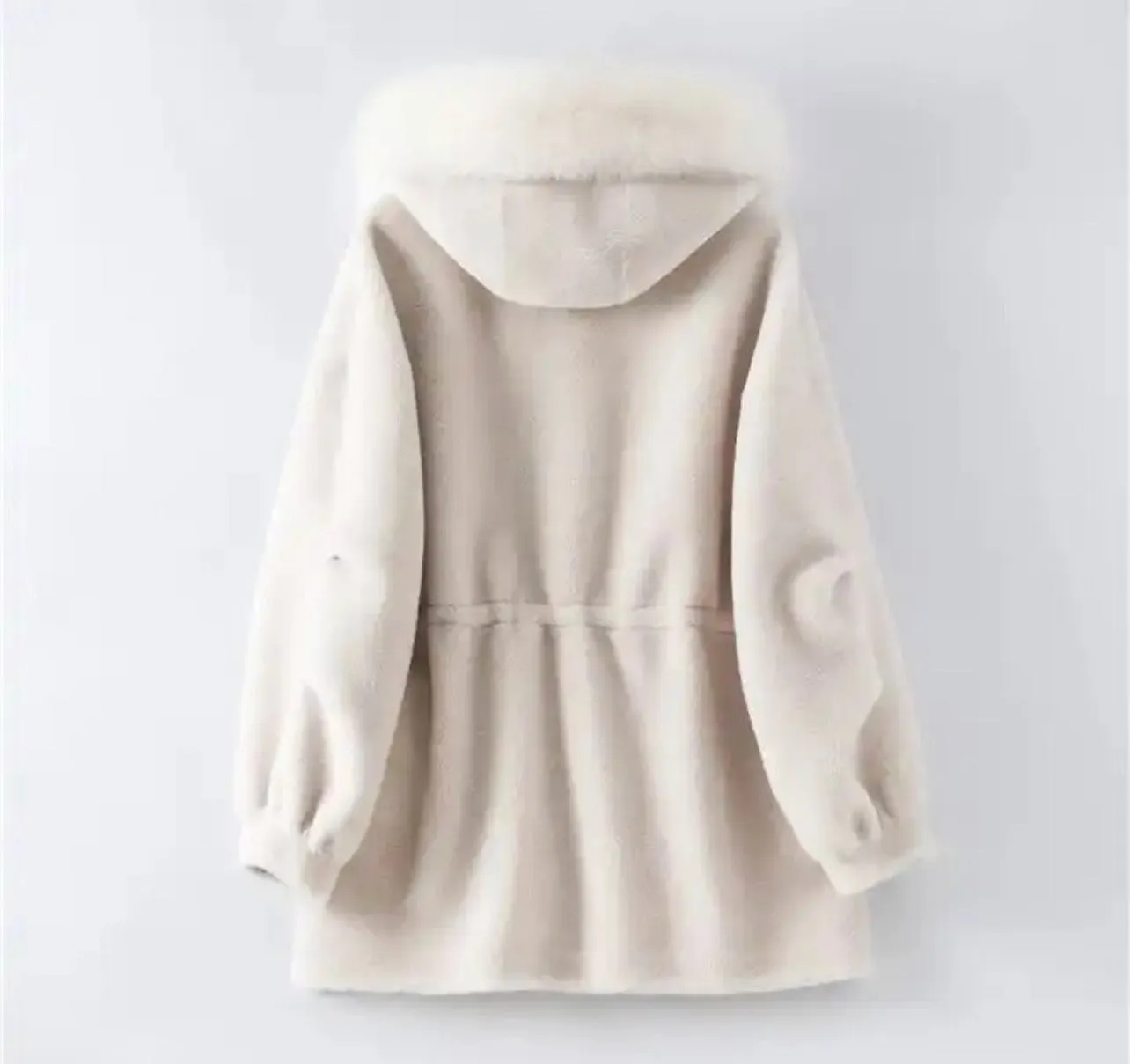 Hooded Shearling and Fox Fur Coat with Cinched Waist