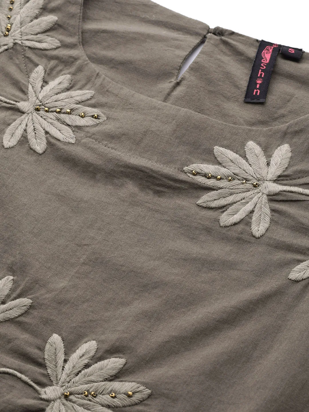 Ishin Women's Olive Embroidered A-Line Top