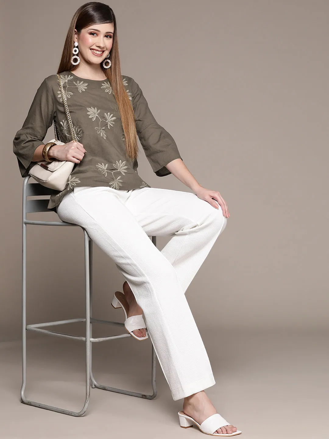 Ishin Women's Olive Embroidered A-Line Top