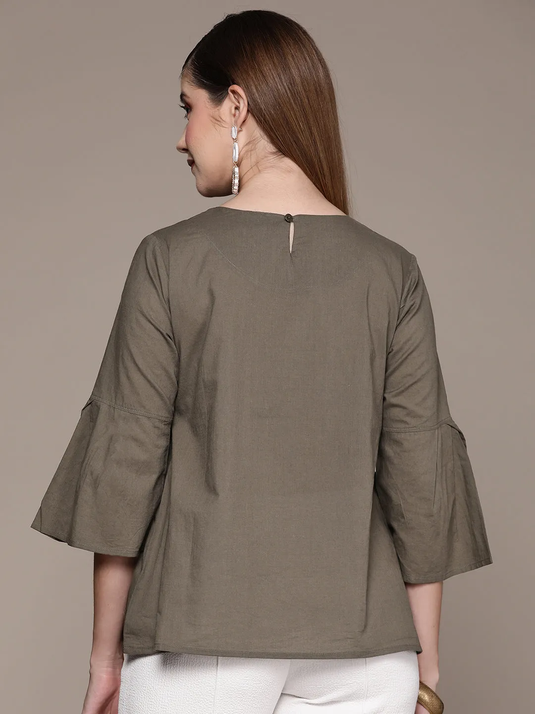 Ishin Women's Olive Embroidered A-Line Top