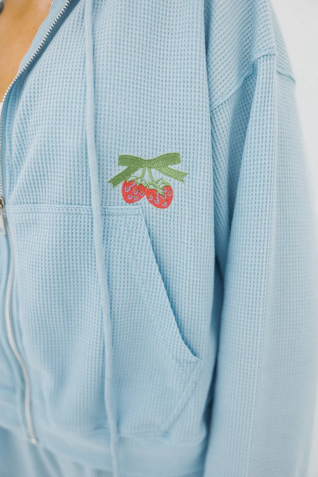 Life Is Sweet Waffle Zip-Up Hoodie - Soft Blue