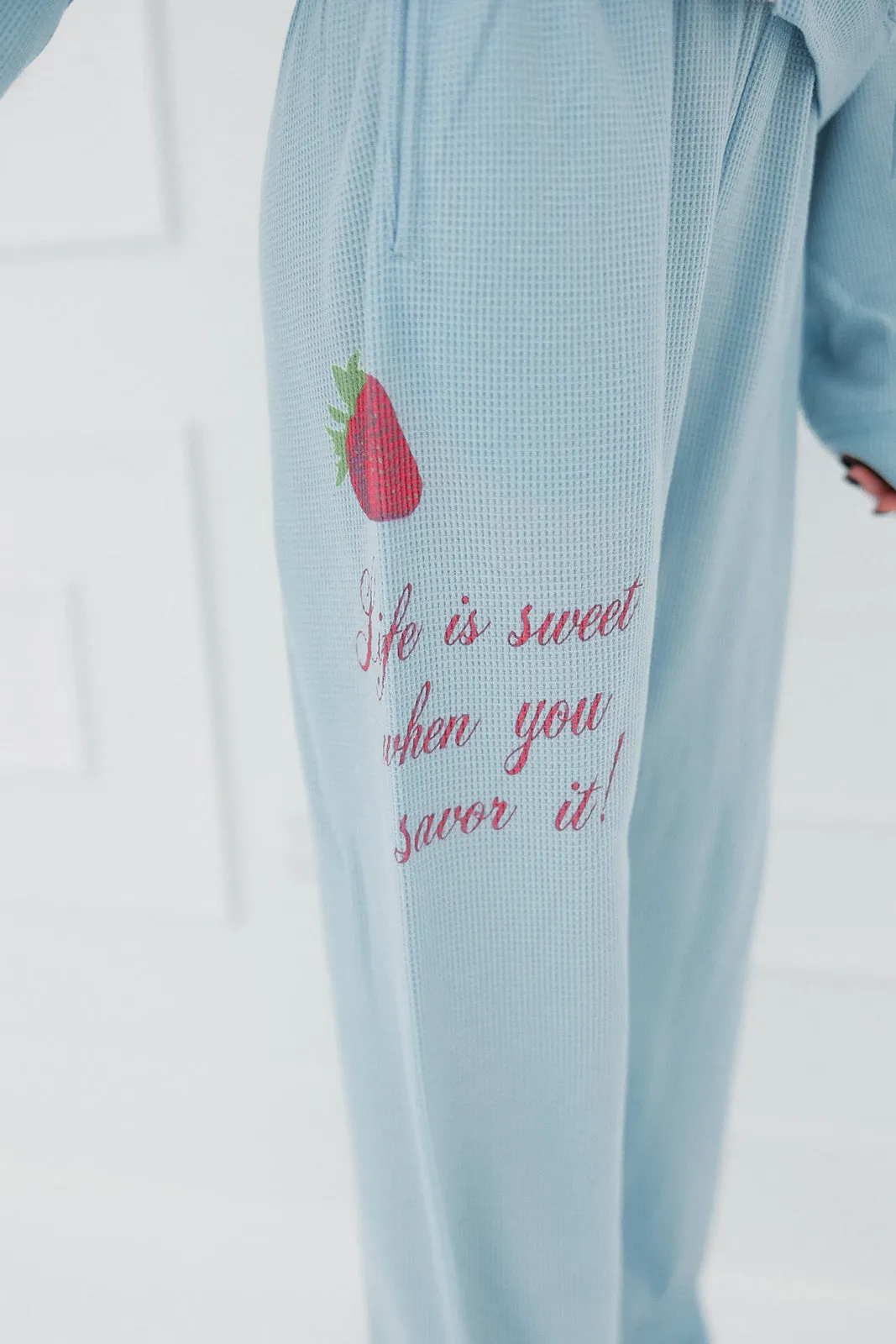 Life Is Sweet Waffle Zip-Up Hoodie - Soft Blue