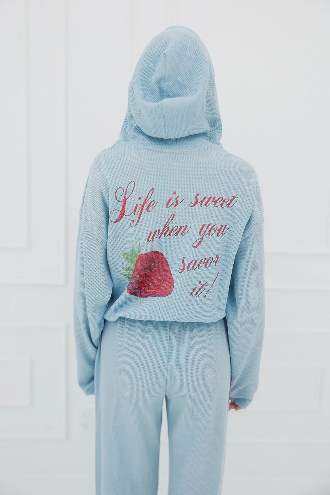 Life Is Sweet Waffle Zip-Up Hoodie - Soft Blue