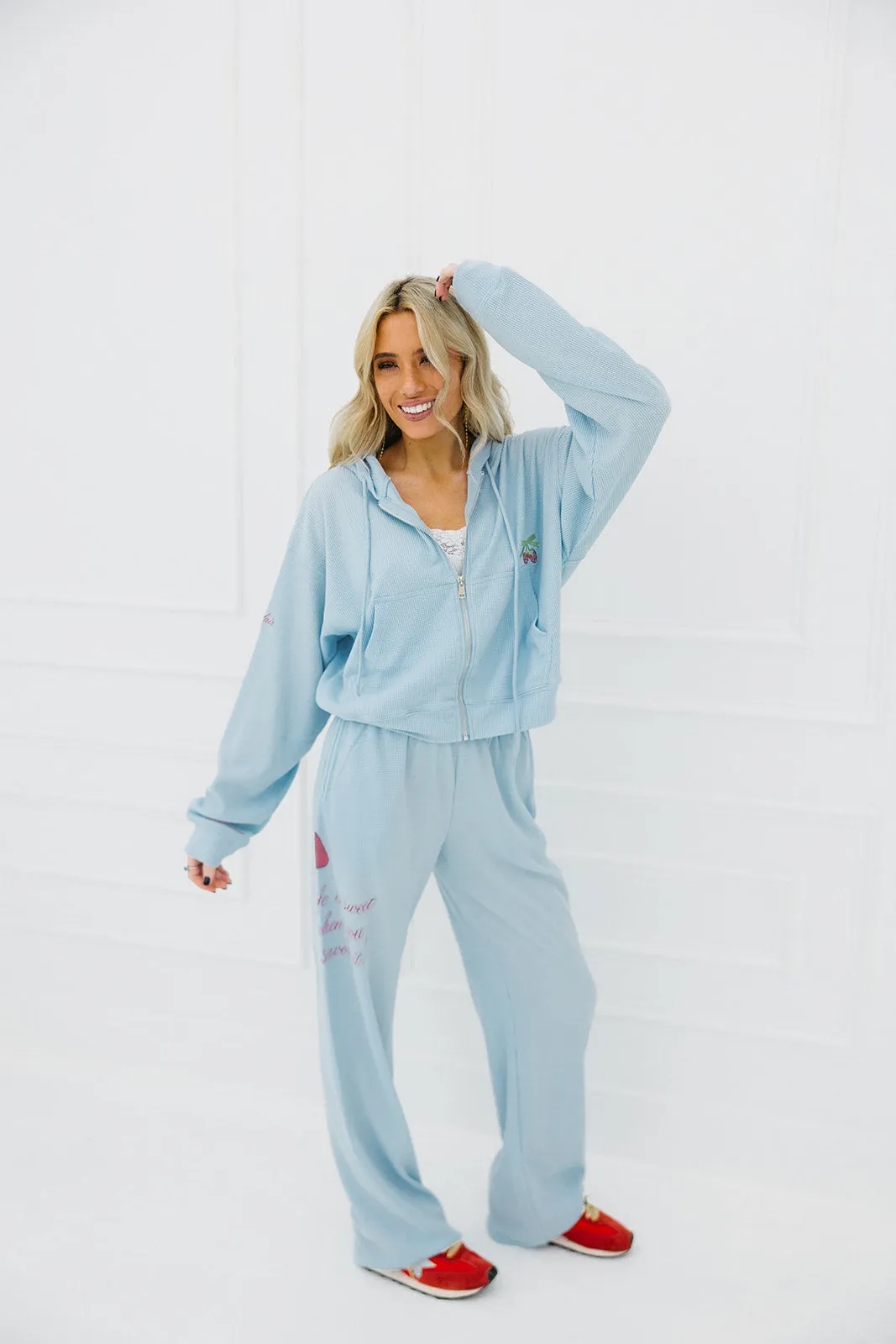 Life Is Sweet Waffle Zip-Up Hoodie - Soft Blue