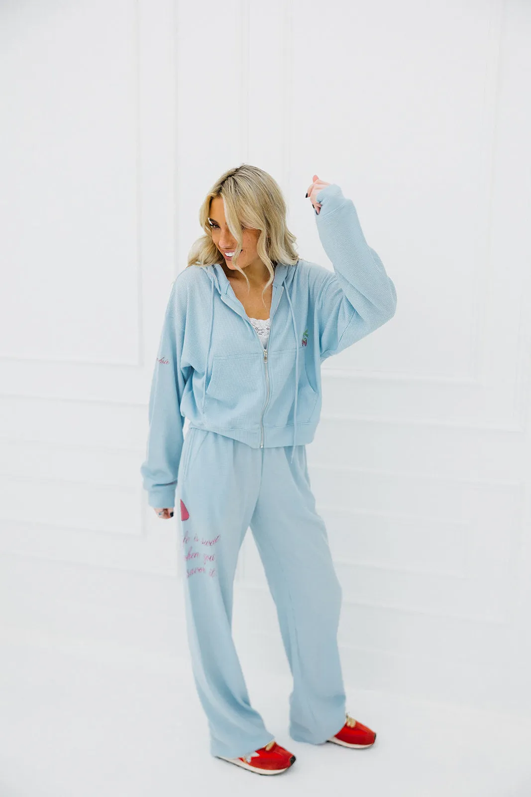 Life Is Sweet Waffle Zip-Up Hoodie - Soft Blue