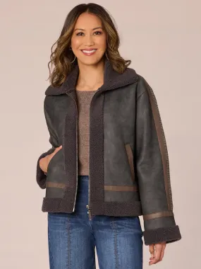 Long Sleeve Zip Front Wide Collar Jacket with Sherpa Lining