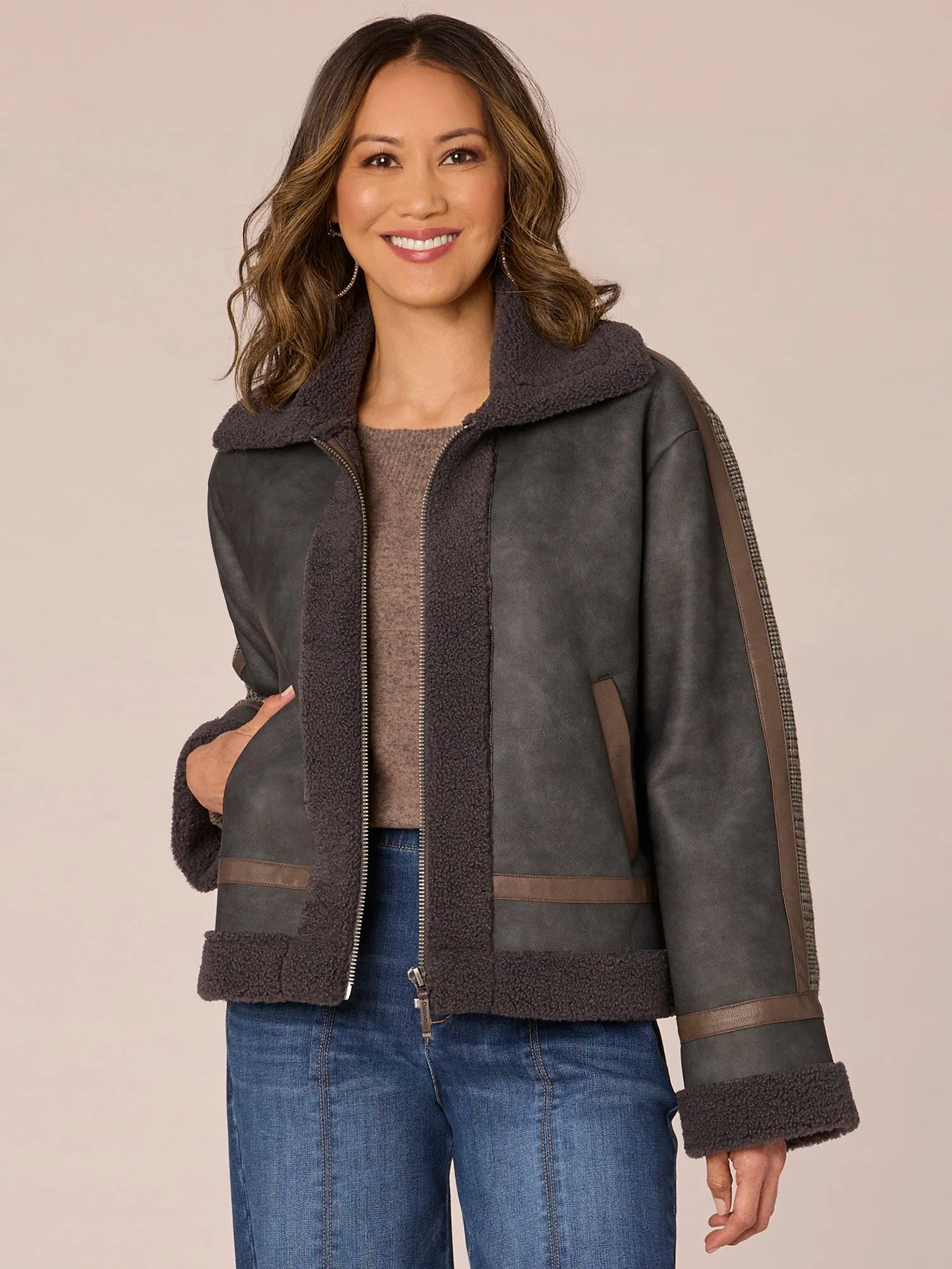 Long Sleeve Zip Front Wide Collar Jacket with Sherpa Lining
