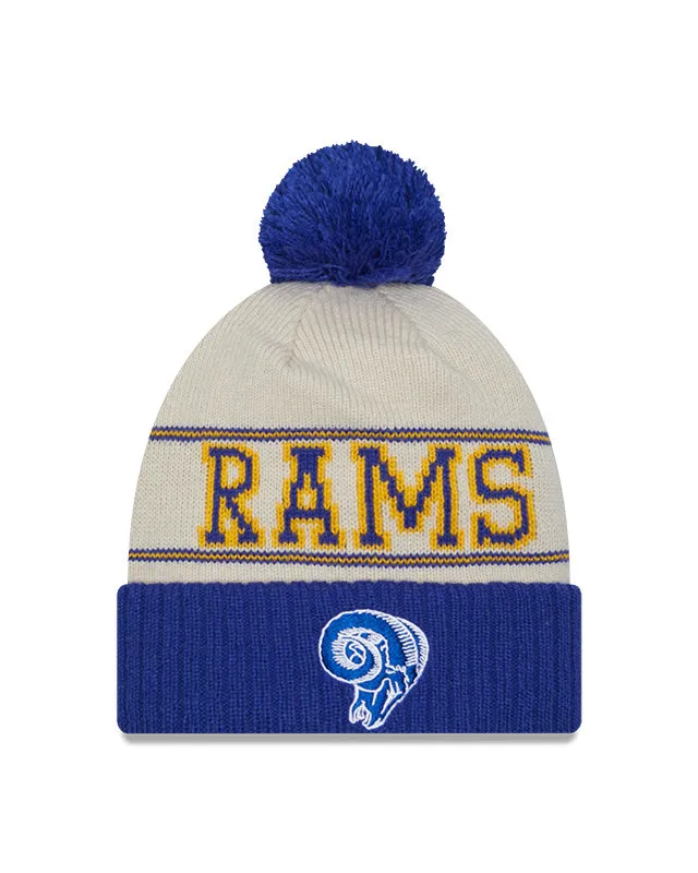 Los Angeles Rams New Era 2023 Sideline Historic Pom Cuffed Knit Hat - Cream/Royal