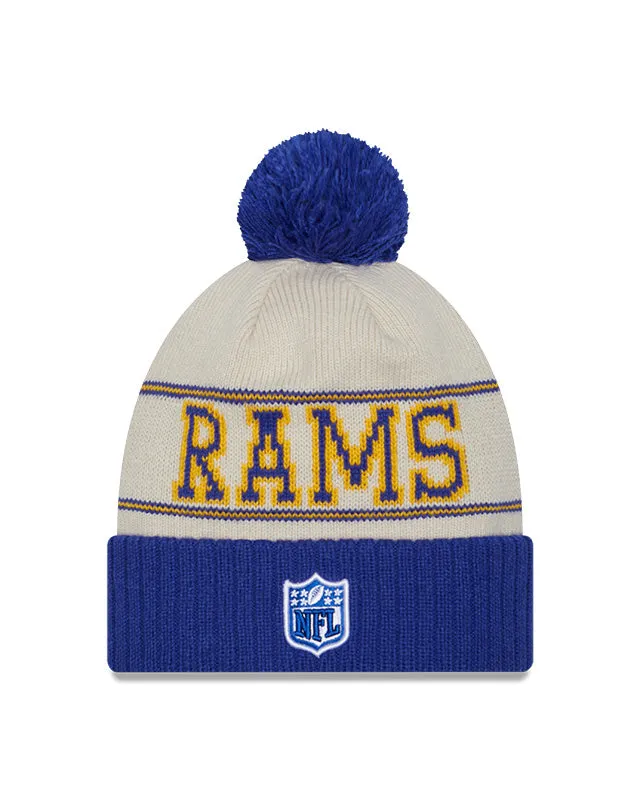 Los Angeles Rams New Era 2023 Sideline Historic Pom Cuffed Knit Hat - Cream/Royal