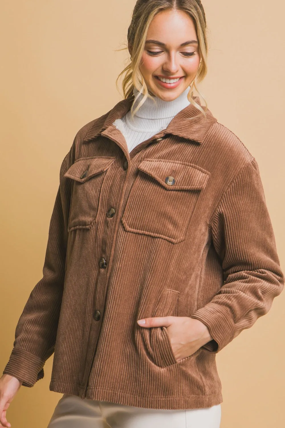 Love Tree Corduroy Button Up Sherpa Lined Jacket