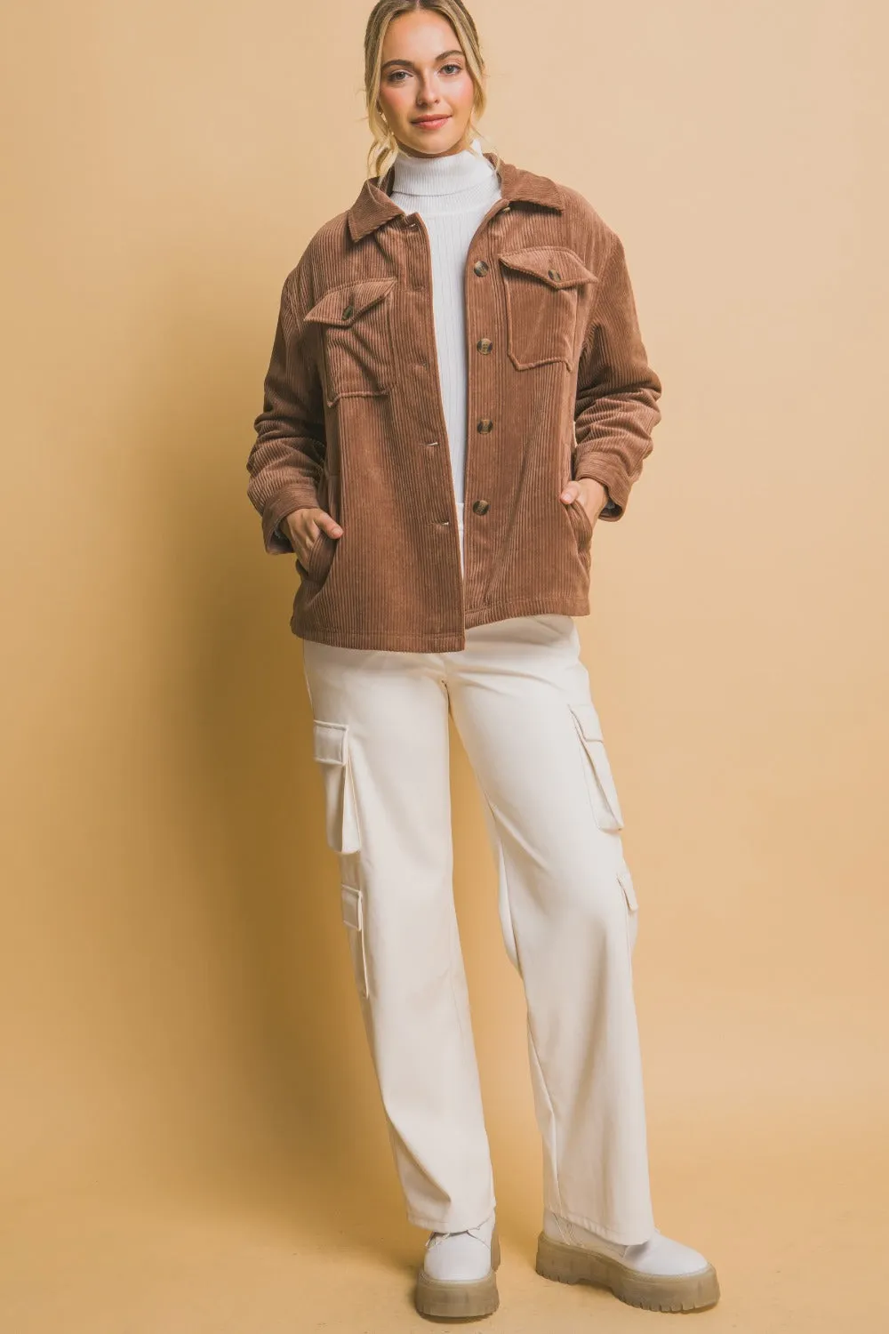 Love Tree Corduroy Button Up Sherpa Lined Jacket