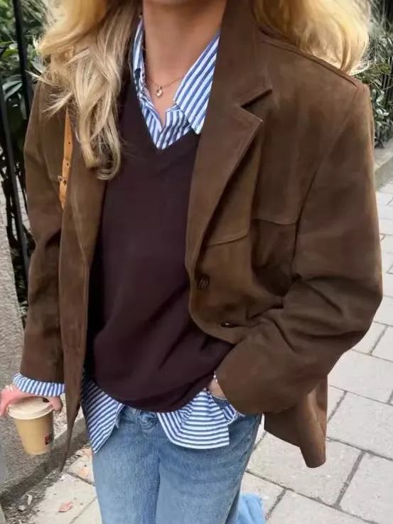 Maria Bruine Blazer | Suède leren herfst vrouwen blazer