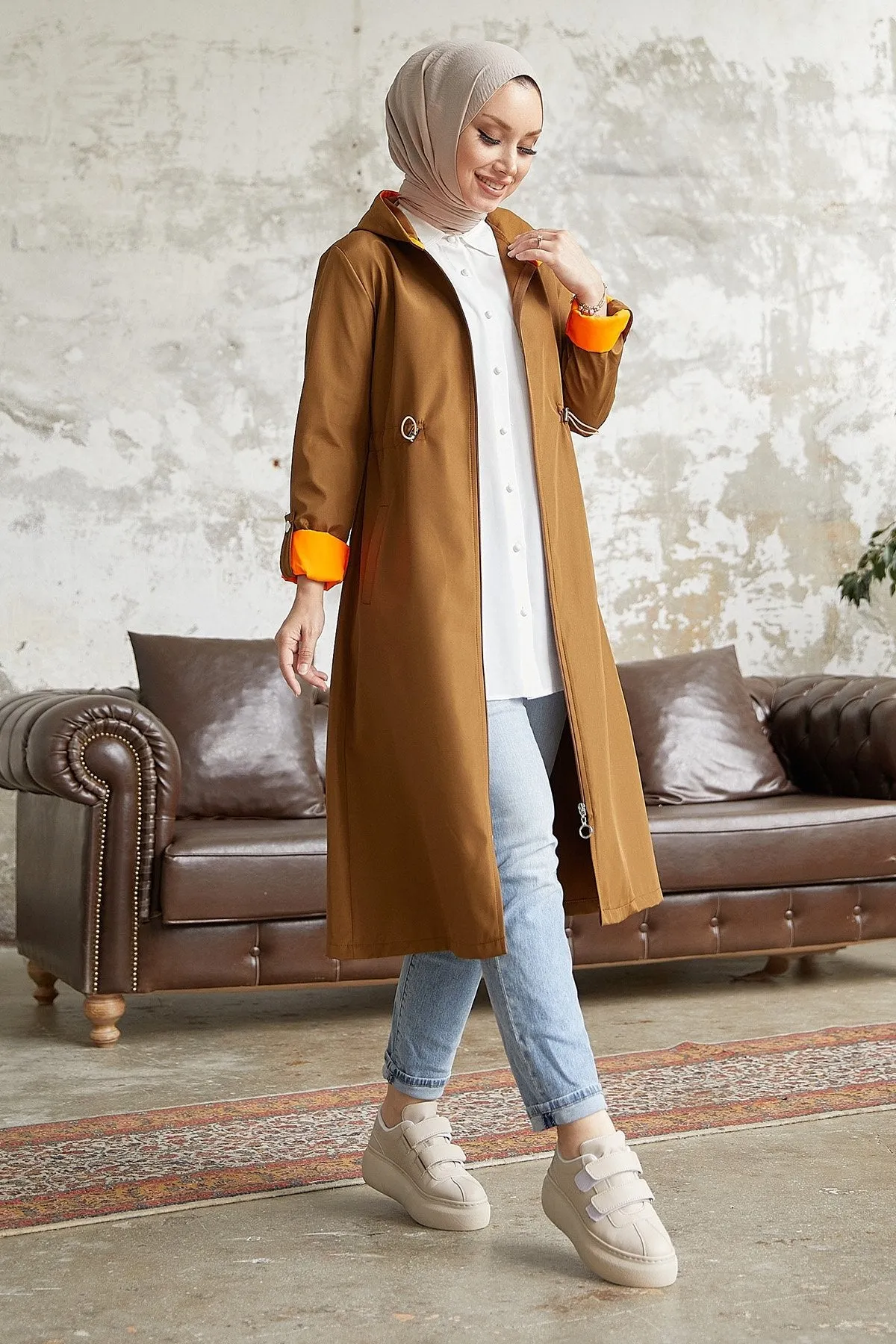 MDS Women Waist Ruffled Hooded Neon Trench Coat - Brown \ Orange - Columbia