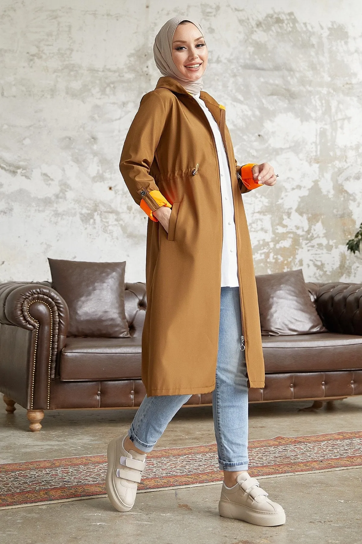 MDS Women Waist Ruffled Hooded Neon Trench Coat - Brown \ Orange - Columbia