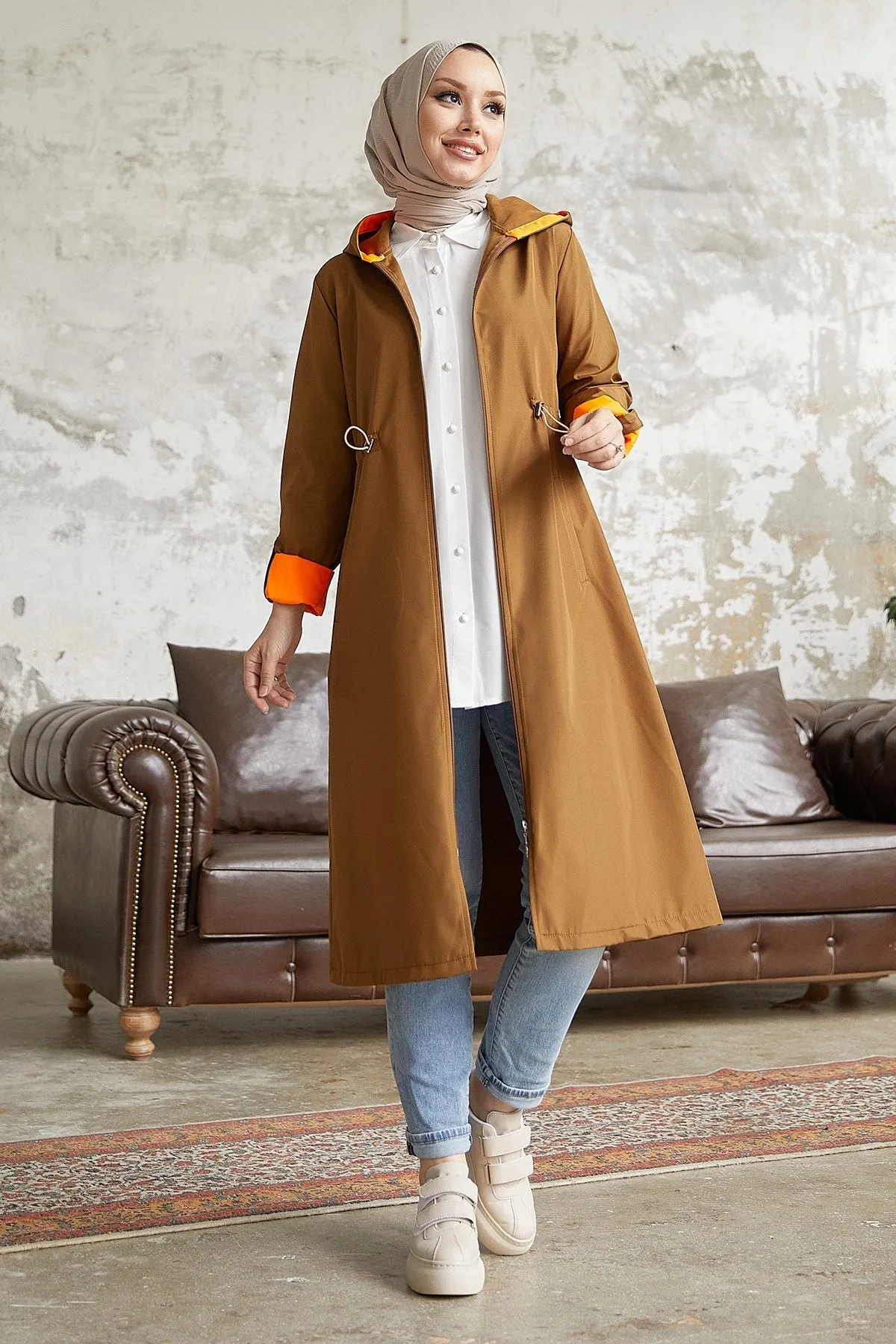 MDS Women Waist Ruffled Hooded Neon Trench Coat - Brown \ Orange - Columbia