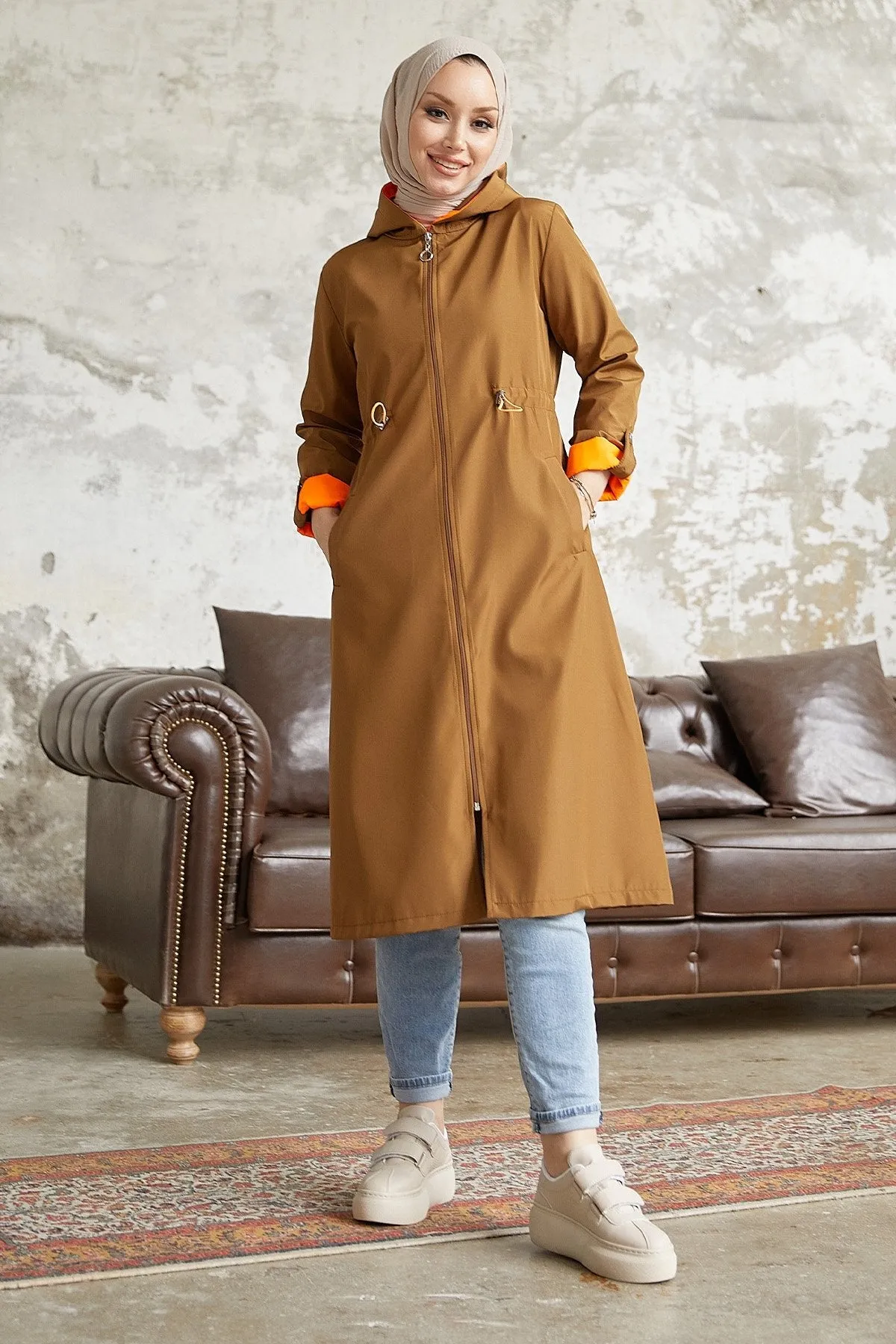 MDS Women Waist Ruffled Hooded Neon Trench Coat - Brown \ Orange - Columbia
