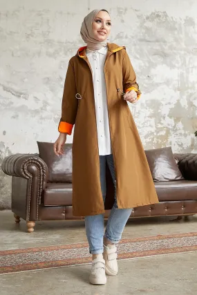 MDS Women Waist Ruffled Hooded Neon Trench Coat - Brown \ Orange - Columbia