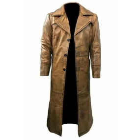 Men's Leather Trench Coat Long Jacket Vintage Distressed C015 Brown Coat