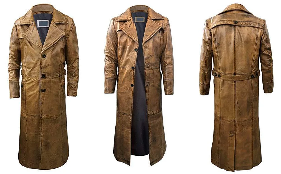 Men's Leather Trench Coat Long Jacket Vintage Distressed C015 Brown Coat