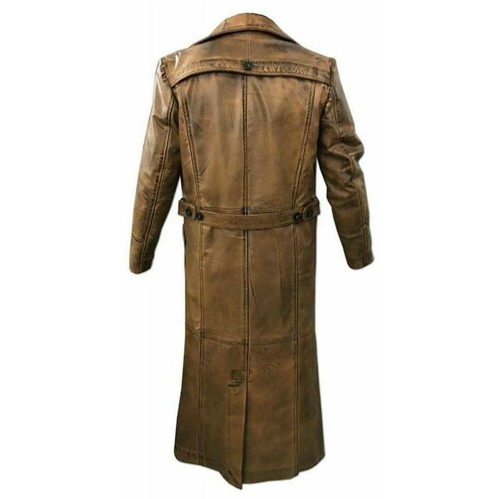 Men's Leather Trench Coat Long Jacket Vintage Distressed C015 Brown Coat