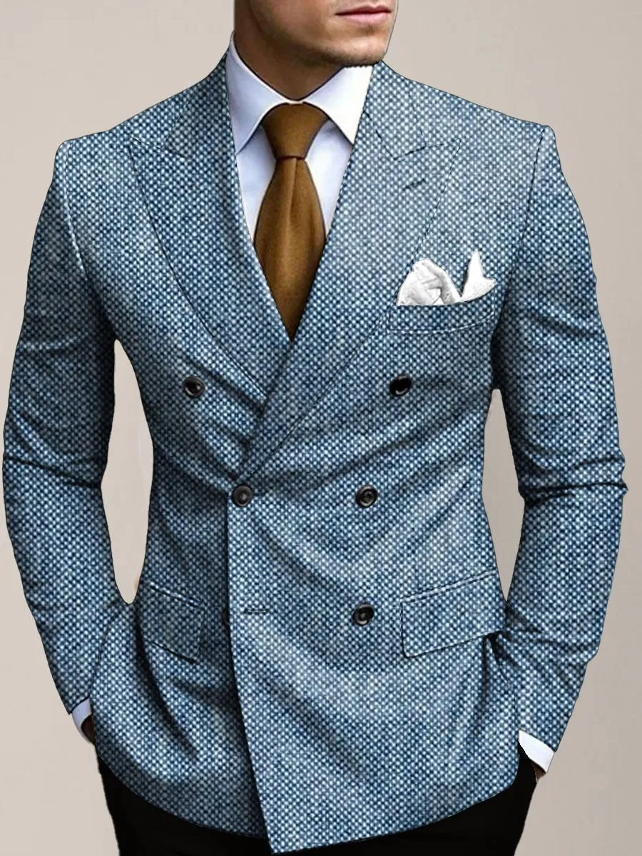 Men's Retro Pattern Print Double-Breasted Casual Blazer