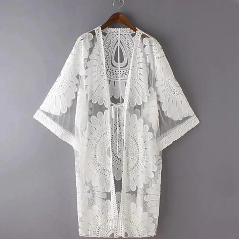 Mesh Floral Embroidery Kimono