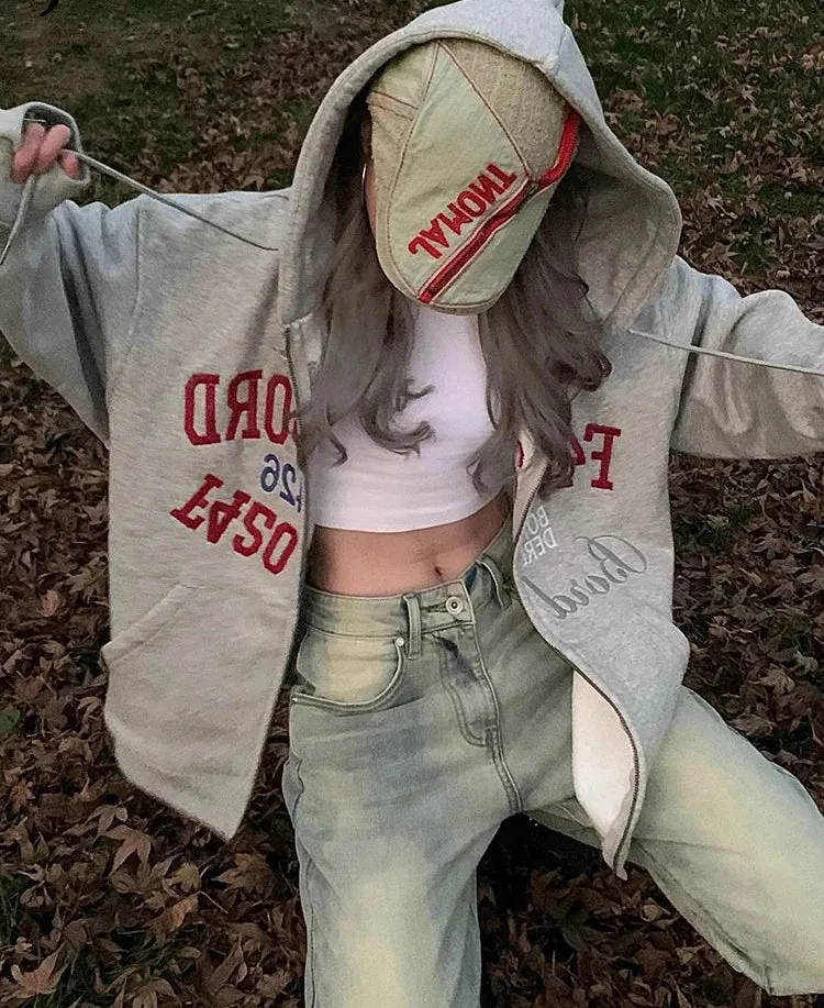 Metaversmall Letter Spell Color Casual Female Hoodies Loose Zip-up Pockets O-neck Women's Hoodie Fashion Streetwear Winter Sweatshirts