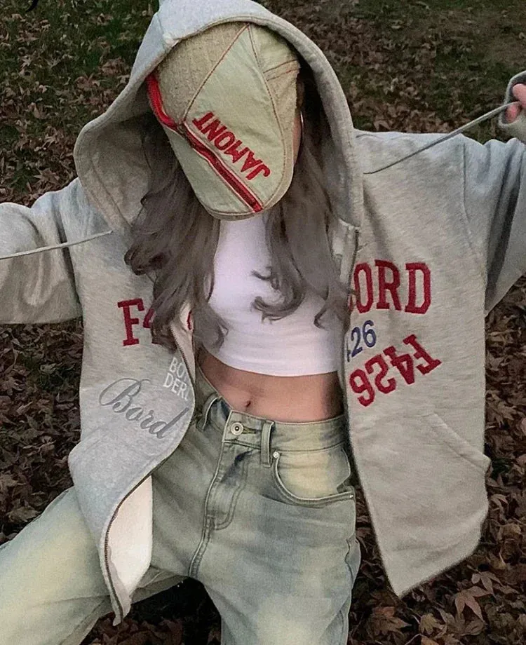 Metaversmall Letter Spell Color Casual Female Hoodies Loose Zip-up Pockets O-neck Women's Hoodie Fashion Streetwear Winter Sweatshirts