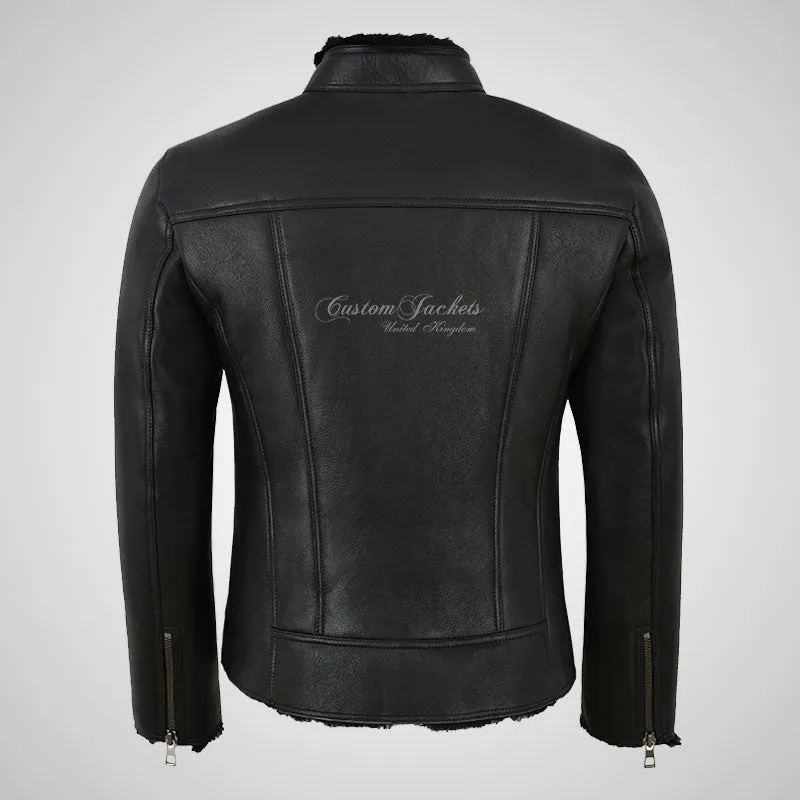 NELSON Black Shearling Jacket For Men's Sheepskin Biker Jacket