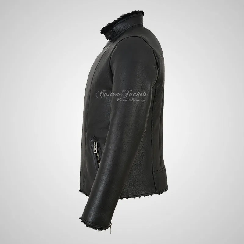 NELSON Black Shearling Jacket For Men's Sheepskin Biker Jacket
