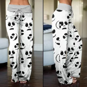 Nightmare White Face Pattern Pajama Pants Print Drawstring Palazzo Lounge