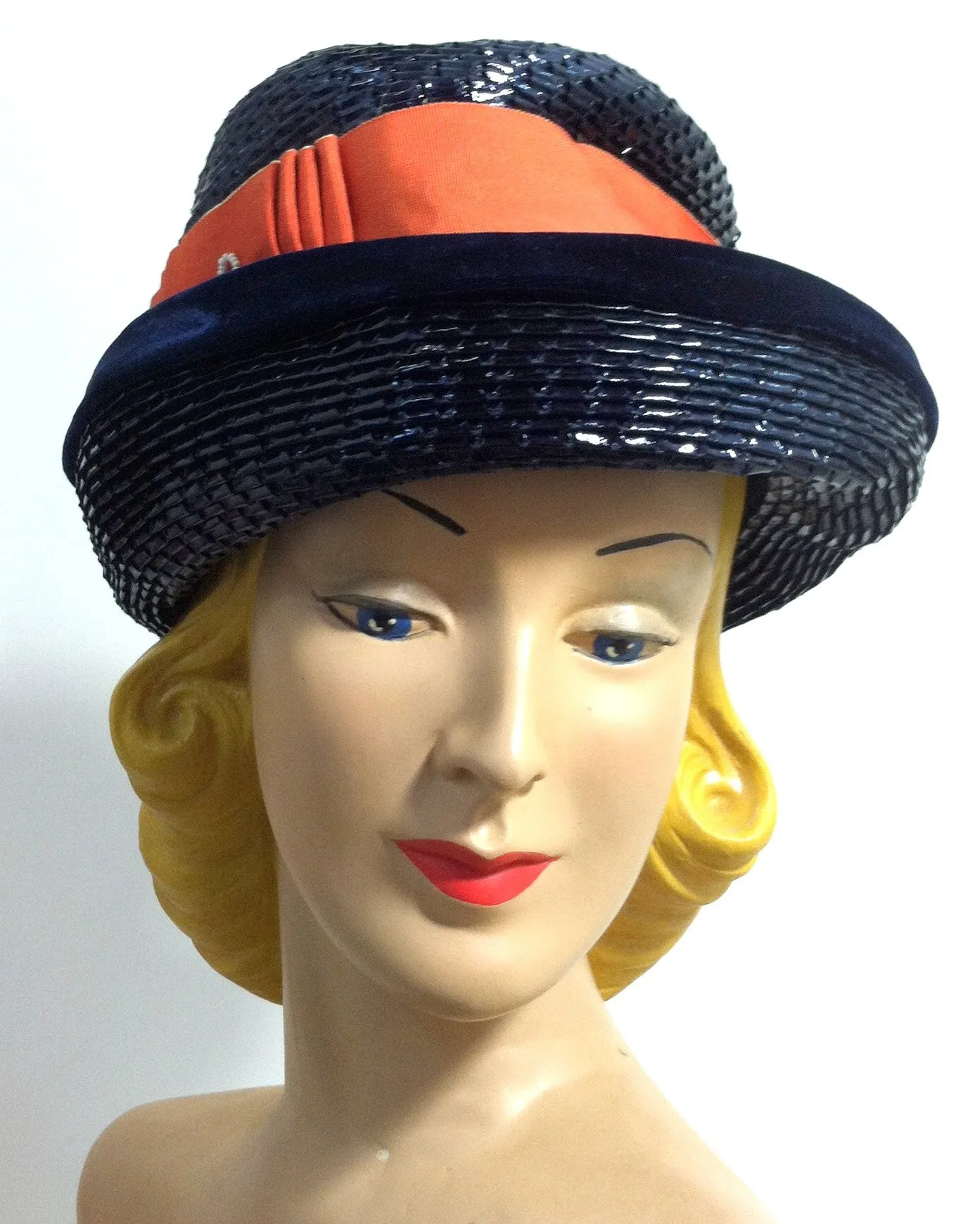 Orange Ribbon Trimmed Elegantly Mod Glossy Blue Sisal Hat w/ Beads circa 1960s