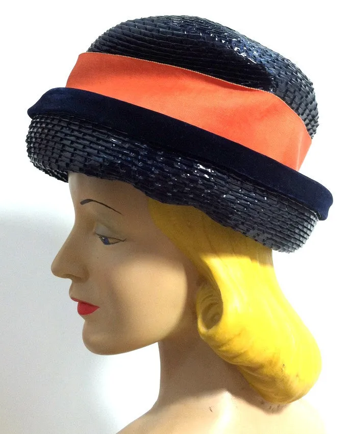 Orange Ribbon Trimmed Elegantly Mod Glossy Blue Sisal Hat w/ Beads circa 1960s