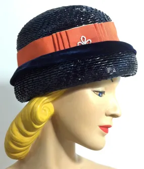 Orange Ribbon Trimmed Elegantly Mod Glossy Blue Sisal Hat w/ Beads circa 1960s