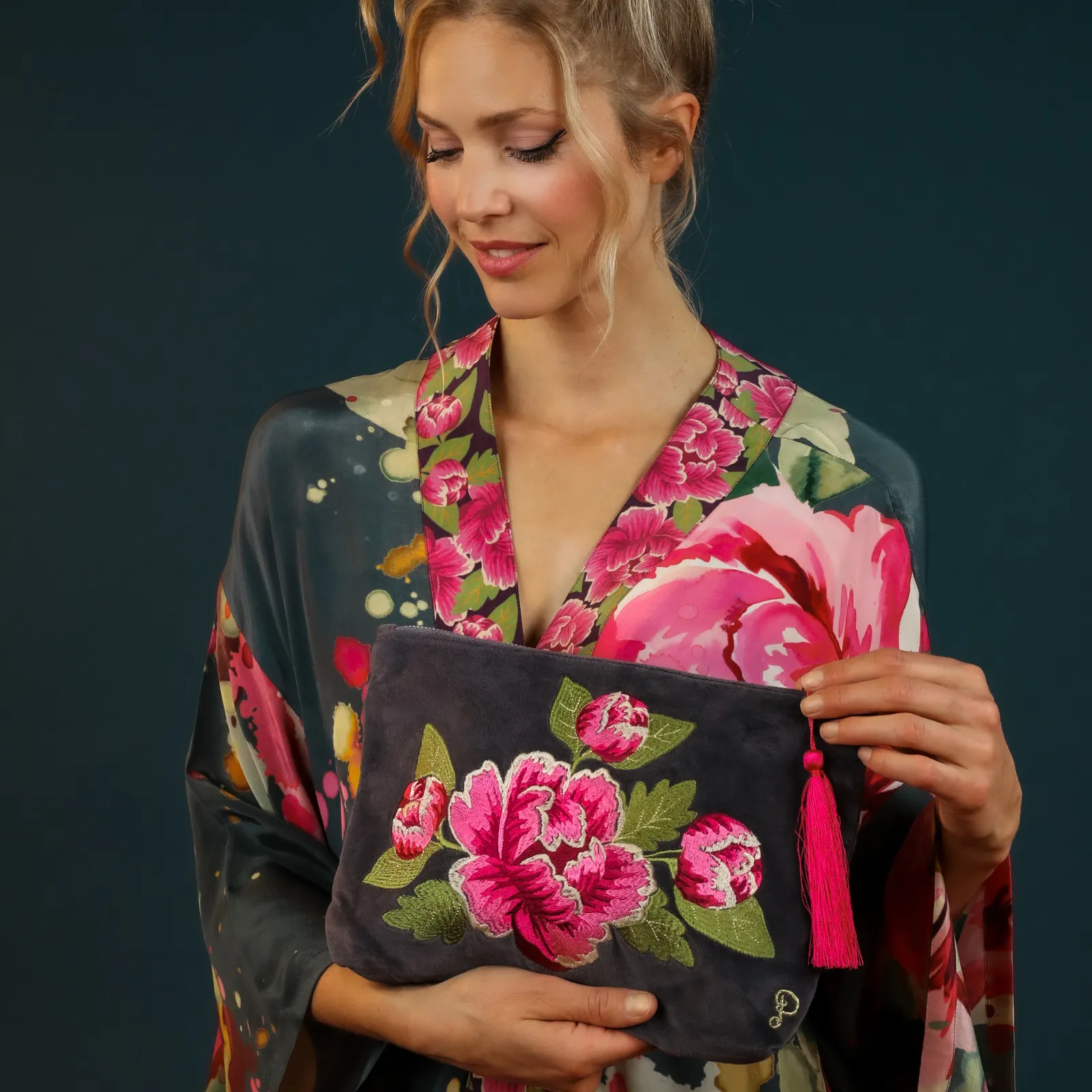 Powder Peony Velvet Zip Pouch