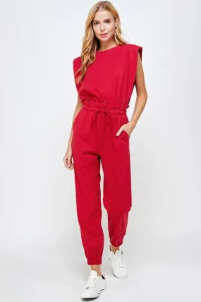 "Shana" Shoulder Muscle Padded Sleeveless Jogging Jumpsuit- Red