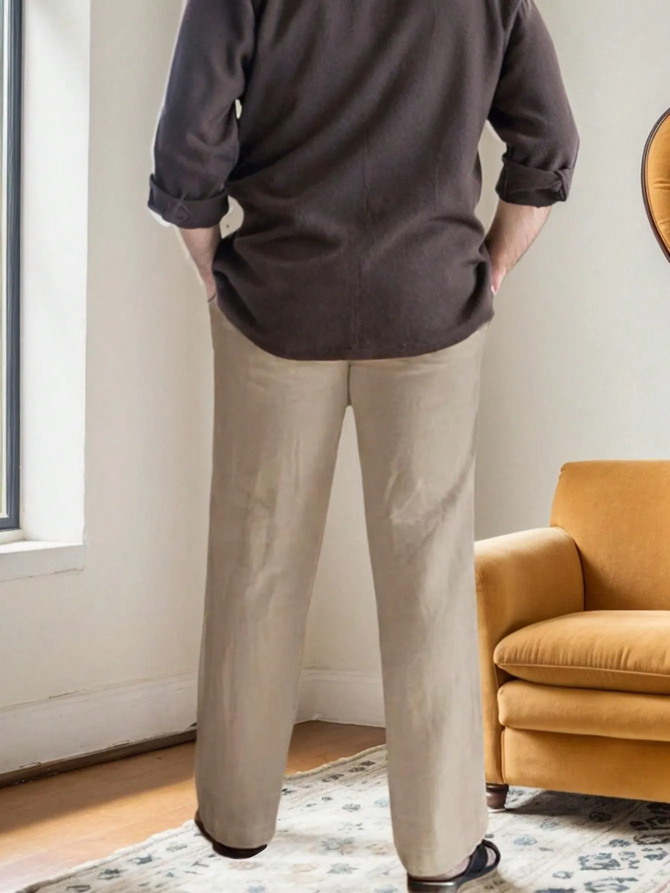 SANOPY Men's Solid Color Cotton And Linen Waist Drawstring Casual Pants, Loose Straight Pants