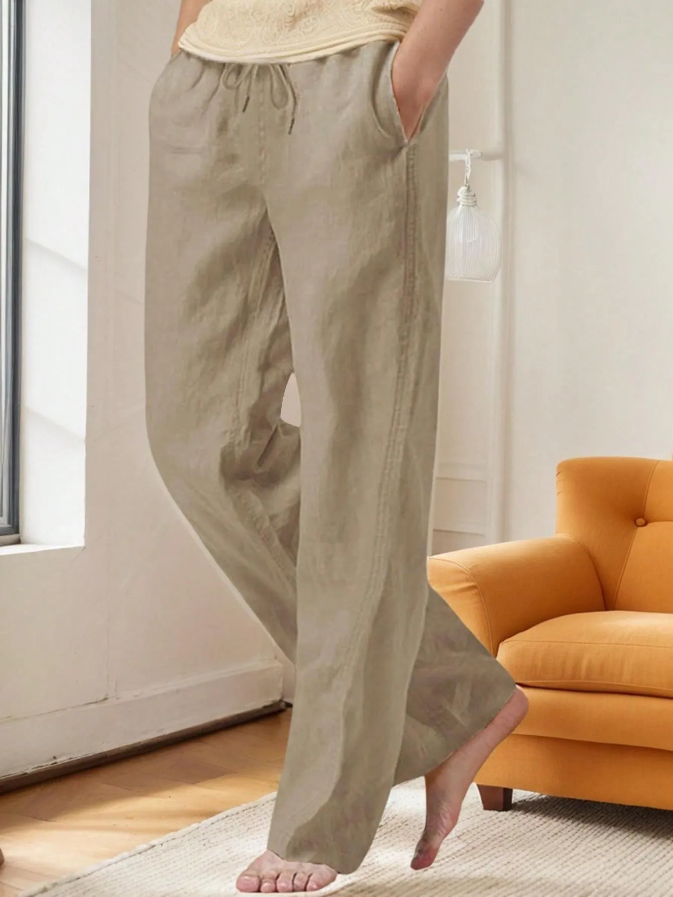SANOPY Men's Solid Color Cotton And Linen Waist Drawstring Casual Pants, Loose Straight Pants