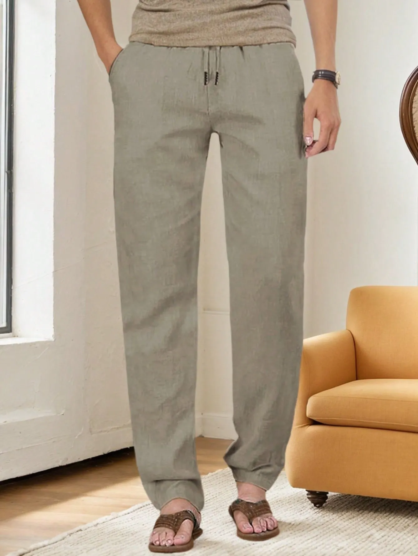SANOPY Men's Solid Color Cotton And Linen Waist Drawstring Casual Pants, Loose Straight Pants