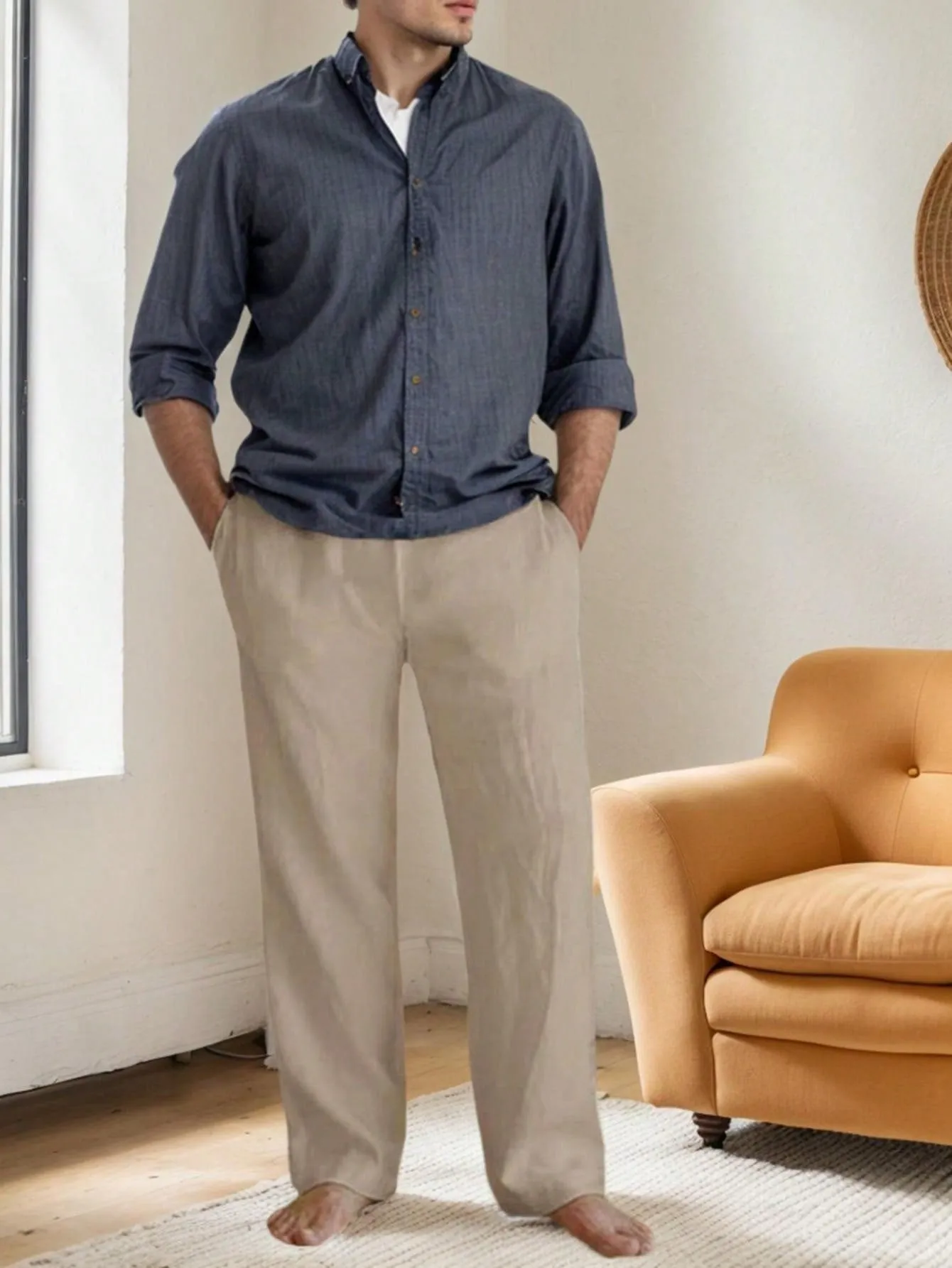 SANOPY Men's Solid Color Cotton And Linen Waist Drawstring Casual Pants, Loose Straight Pants
