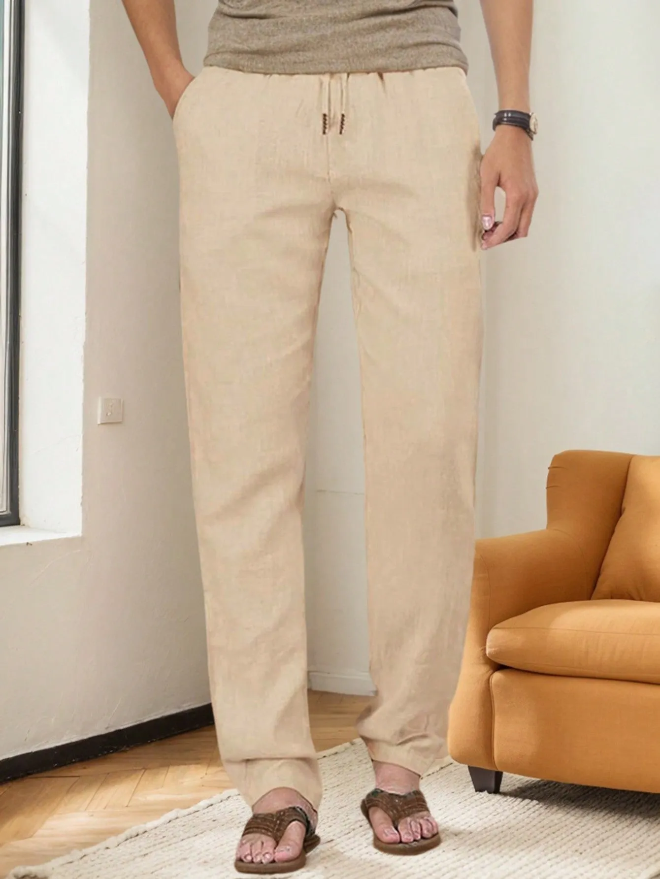 SANOPY Men's Solid Color Cotton And Linen Waist Drawstring Casual Pants, Loose Straight Pants