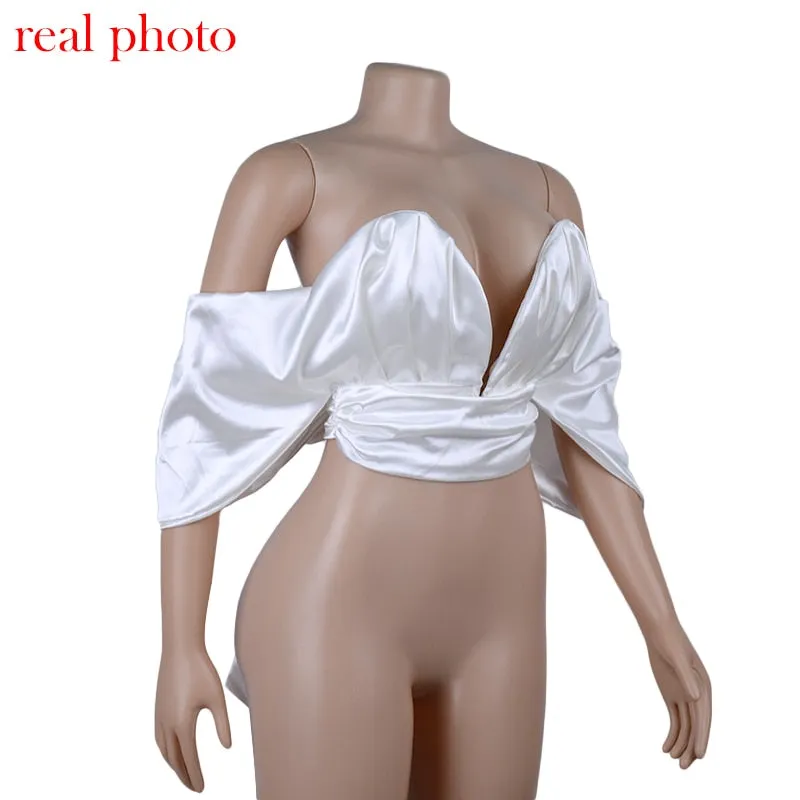 Satin Deep V Off Shoulder Backless Women Crop Top