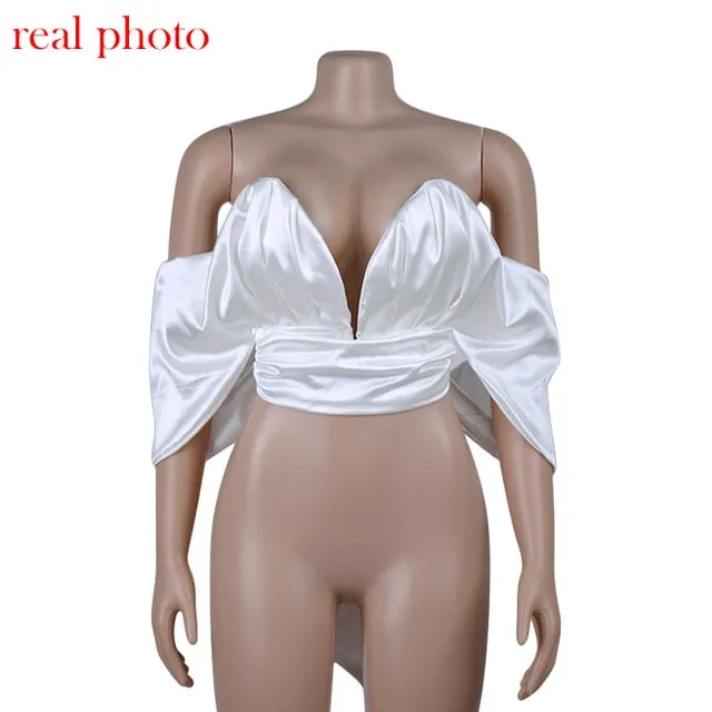 Satin Deep V Off Shoulder Backless Women Crop Top